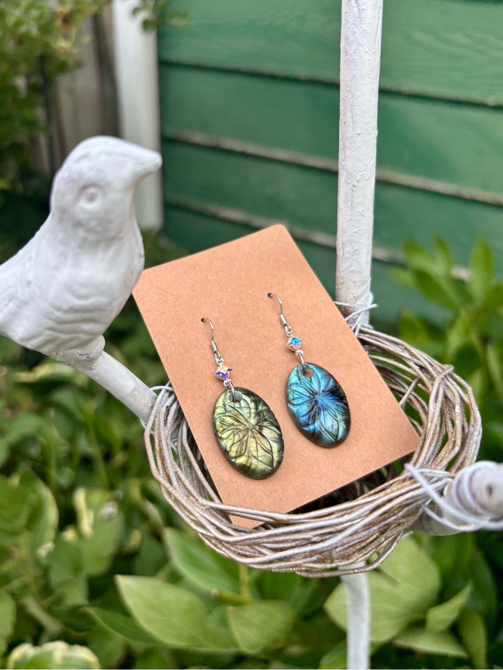 Carved labradorite earrings.